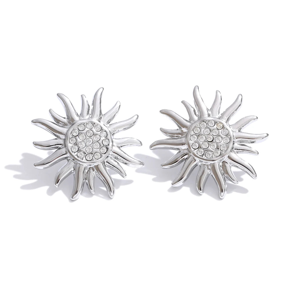 Cubic Zirconia Sun Geometric Earrings — Gold-Plated Stainless Steel with Cubic Zirconia · PS928
