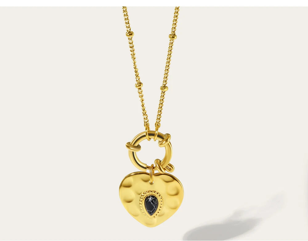 Heart Pendant Necklace Black Natural Stone Metal Texture — 316L Stainless Steel · PS467