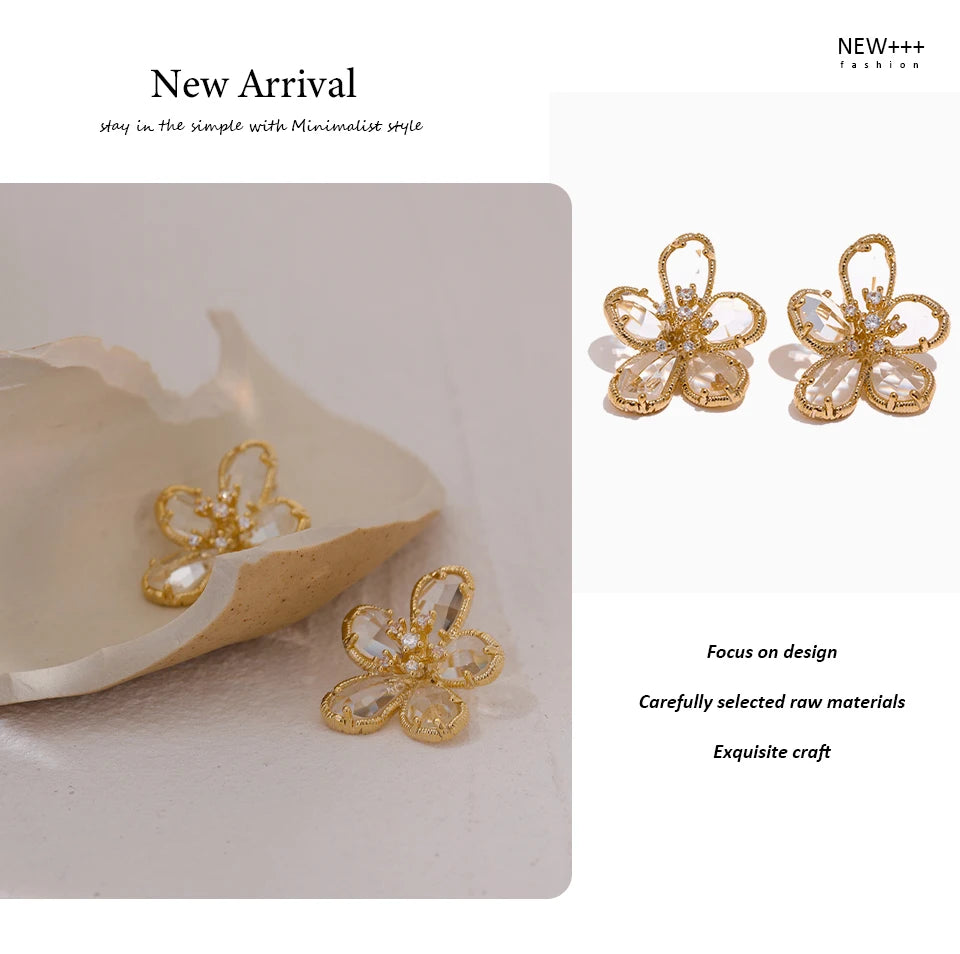 Cubic Zirconia Flower Geometric Earrings — 14K Gold-Plated Copper with Cubic Zirconia · PC21