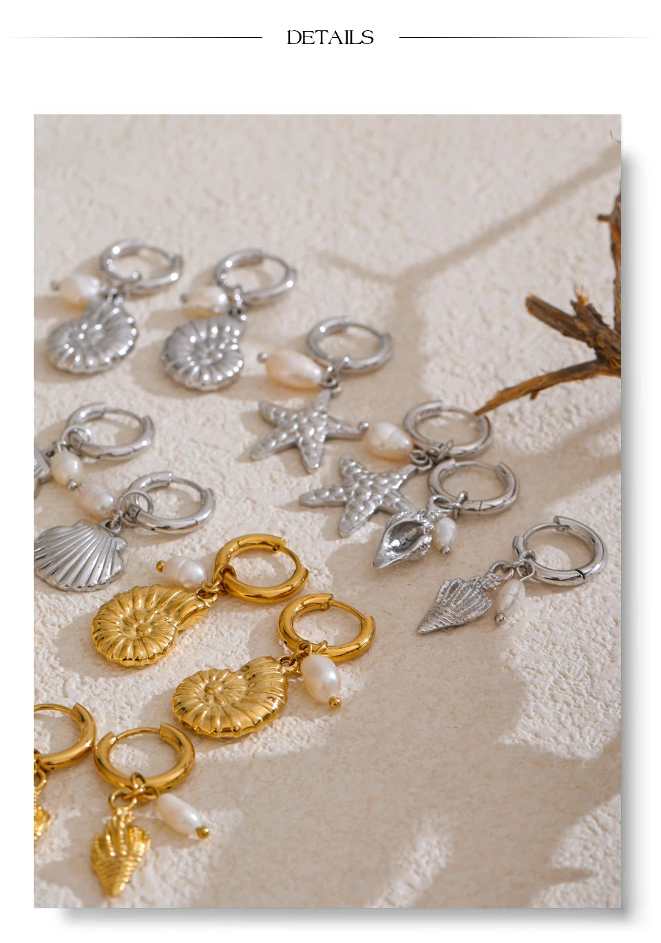 Freshwater pearl shell star earrings in gold-plated stainless steel with freshwater pearl and shell.