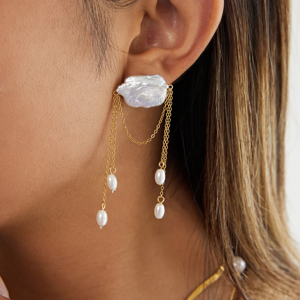 Pearl Chain Tassel Earrings — Stainless Steel · PS083