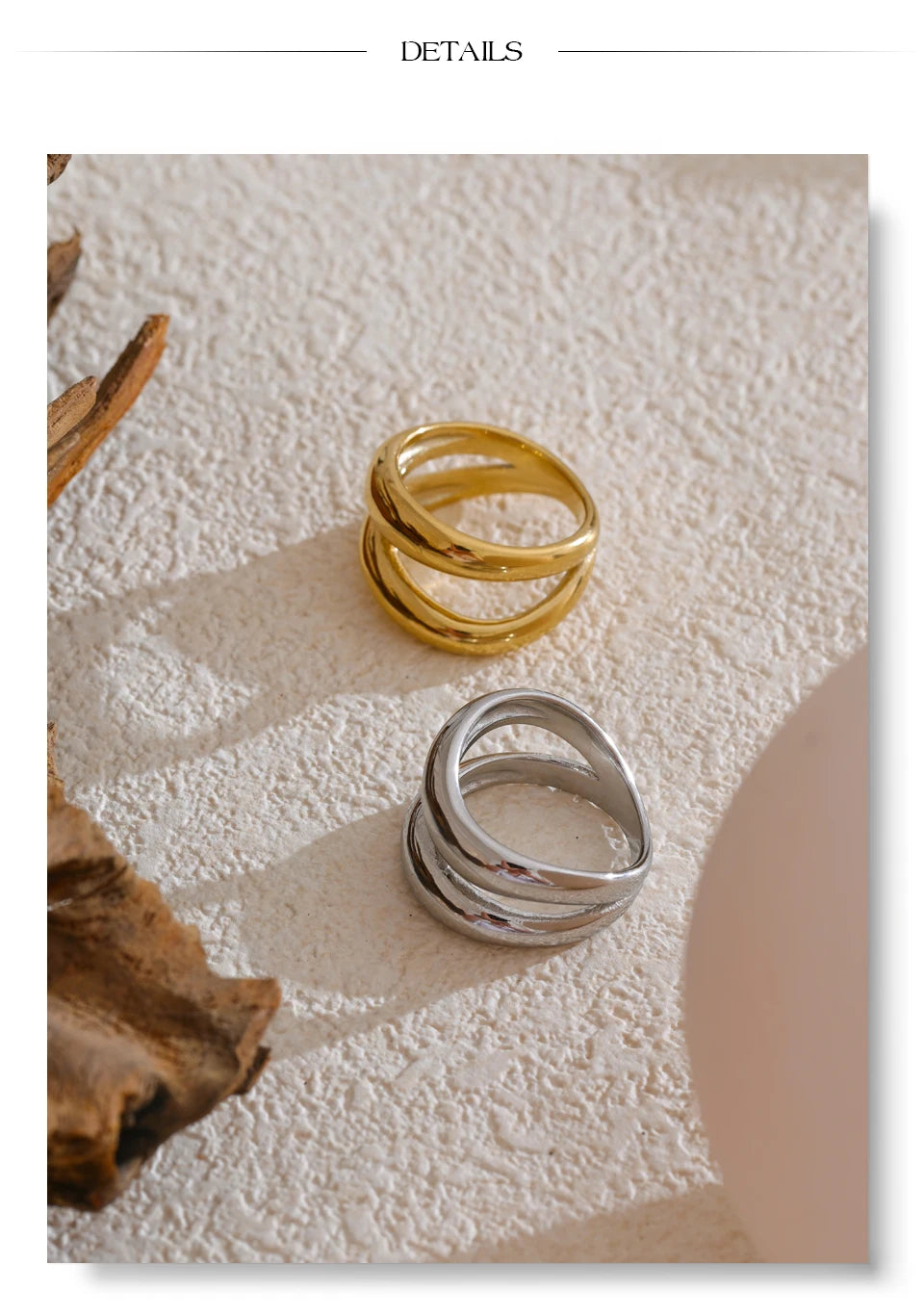 Geometric layered ring in gold-plated stainless steel.