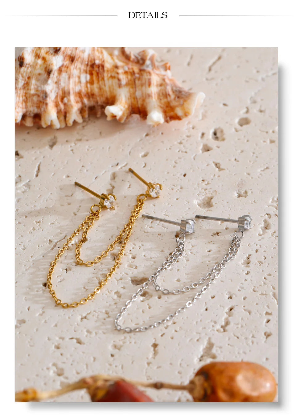 Cubic zirconia geometric chain earrings in gold-plated stainless steel with cubic zirconia.