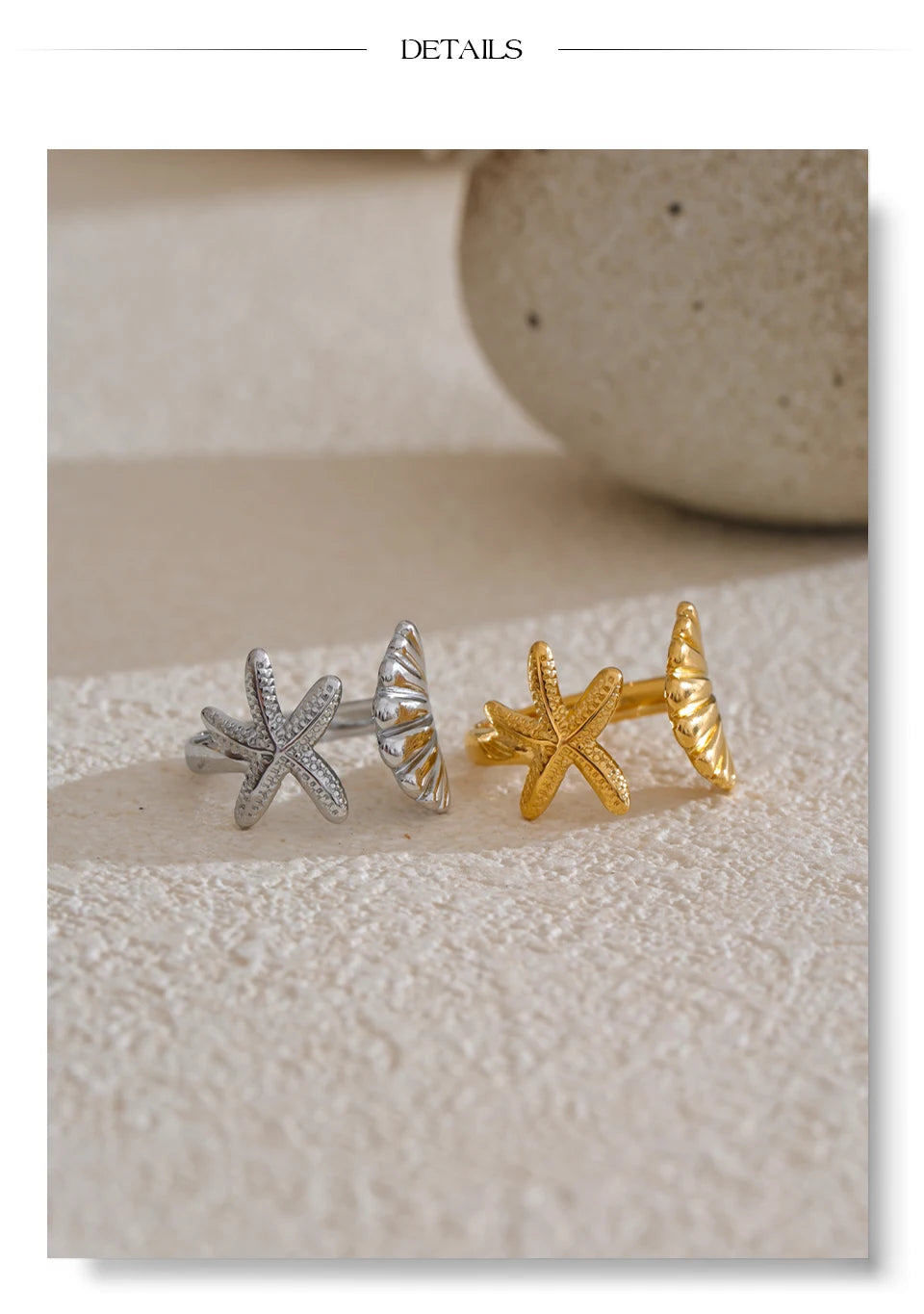 Shell star geometric ring in gold-plated stainless steel with shell.