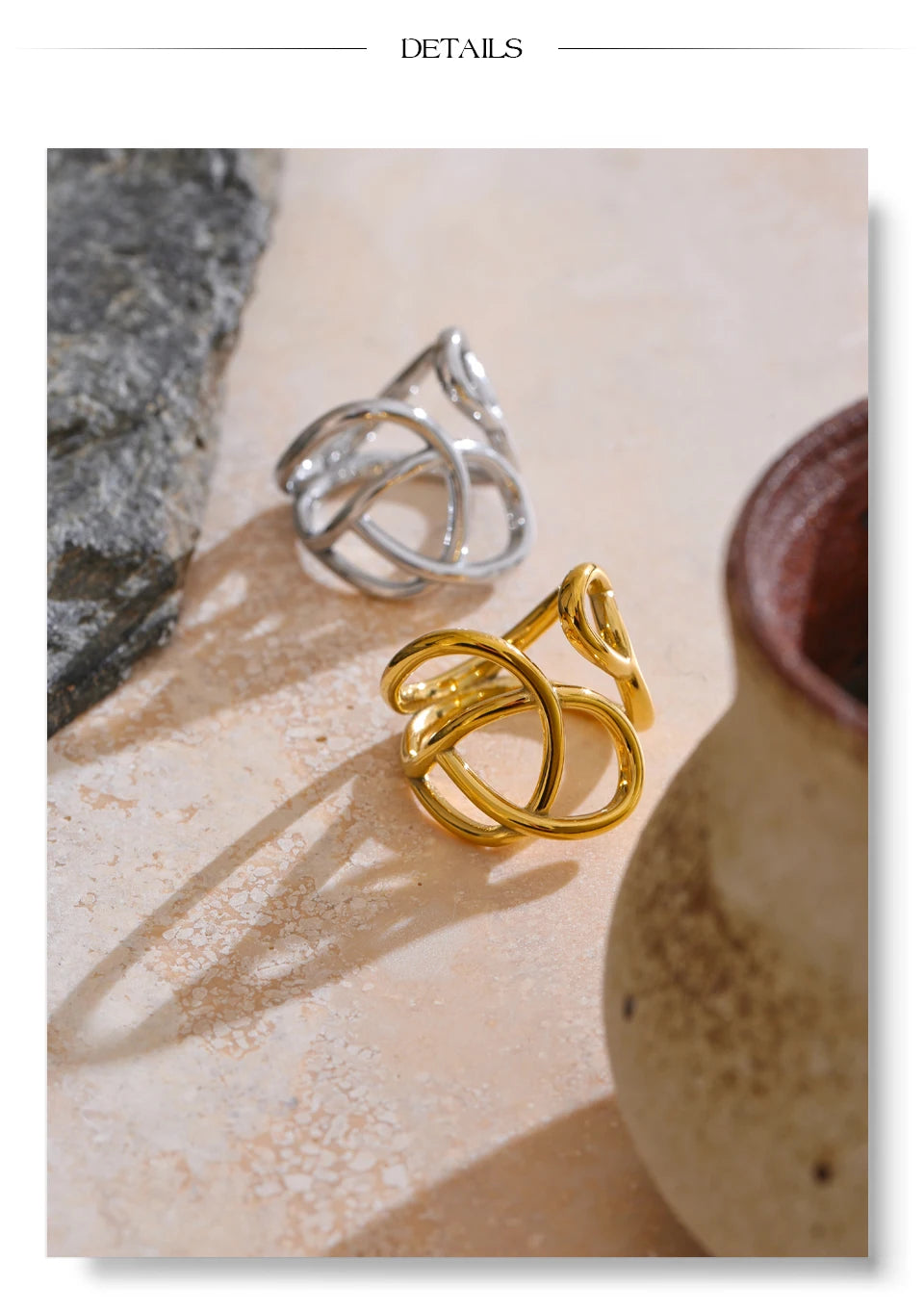 Geometric ring in gold-plated stainless steel.