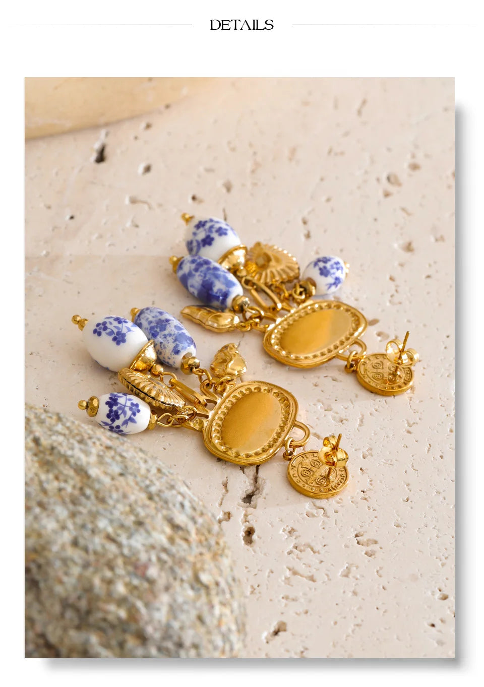 Blue heart flower earrings in gold-plated stainless steel.