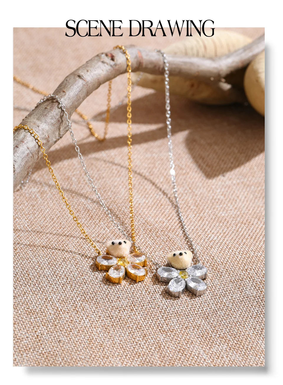 Cubic zirconia flower necklace in gold-plated stainless steel with cubic zirconia.