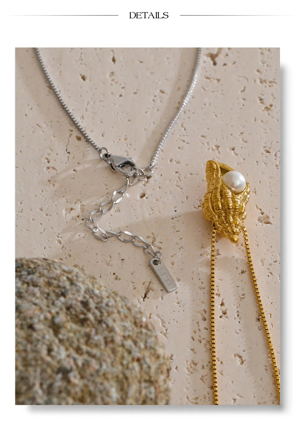 Pearl shell geometric necklace in gold-plated stainless steel with pearl and shell.