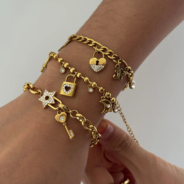 Star Lock Charm Bracelet Stack — Stainless Steel · PS045