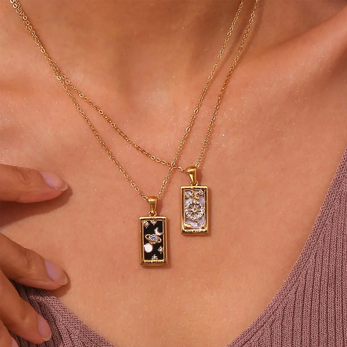 Zirconia Tarot Card Necklace Classic Tarot Queen Lover Magician Moon Wealth Amulet Stainless Steel Jewelry