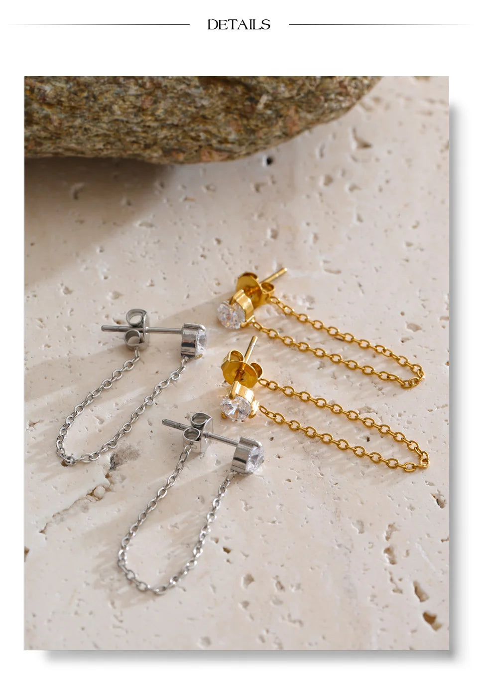 Cubic Zirconia Geometric Chain Earrings — Gold-Plated Stainless Steel with Cubic Zirconia · PS1323