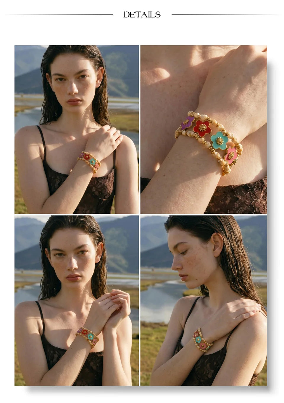 Resin flower multi-color necklace in gold-plated stainless steel with resin.