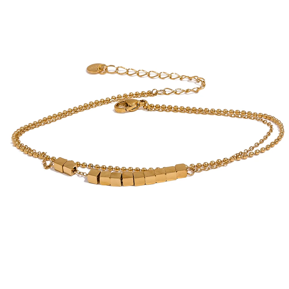 Beaded Geometric Chain Anklet — Gold-Plated Stainless Steel · PS2297