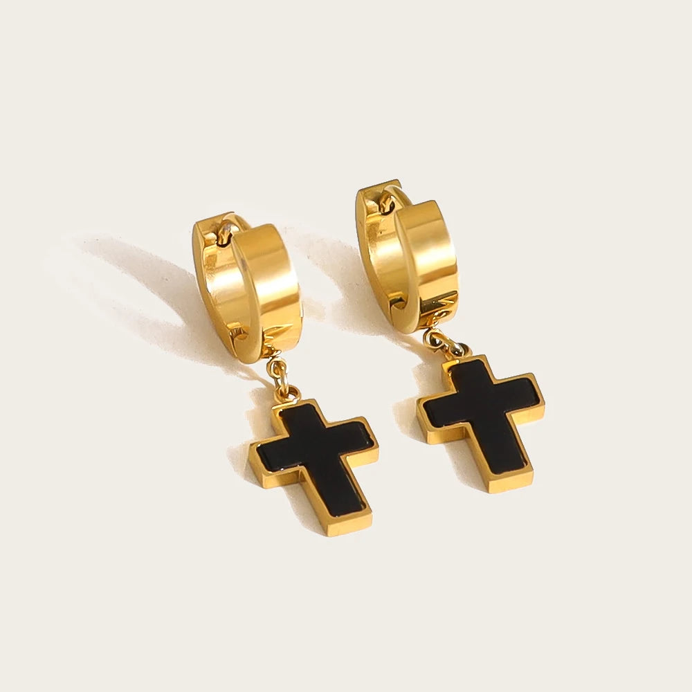 Cross Huggie Earrings Black Acrylic Charm — 316L Stainless Steel · PS456