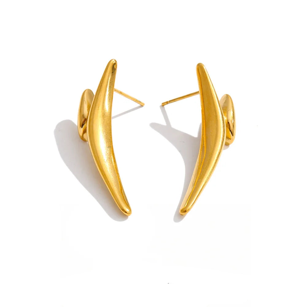 Gold-plated stainless steel earrings with a unique design featuring two curved shapes resembling animal horns.