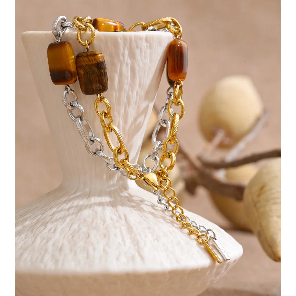 Natural Stone Geometric Chain Bracelet — Gold-Plated Stainless Steel with Natural Stone · PS984