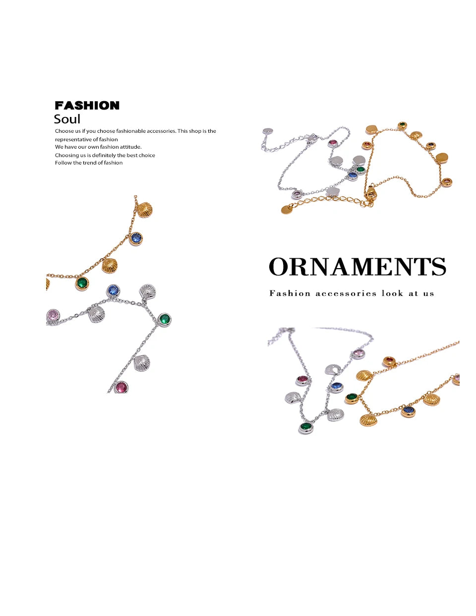 Cubic zirconia shell multi-color anklet in gold-plated stainless steel with cubic zirconia and shell.
