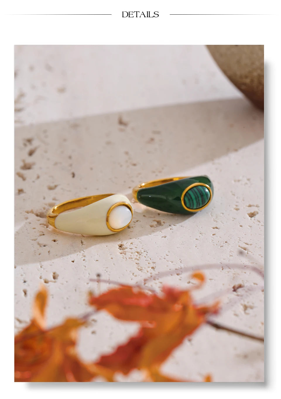 White shell enamel ring in 18K gold-plated stainless steel with natural stone and shell.