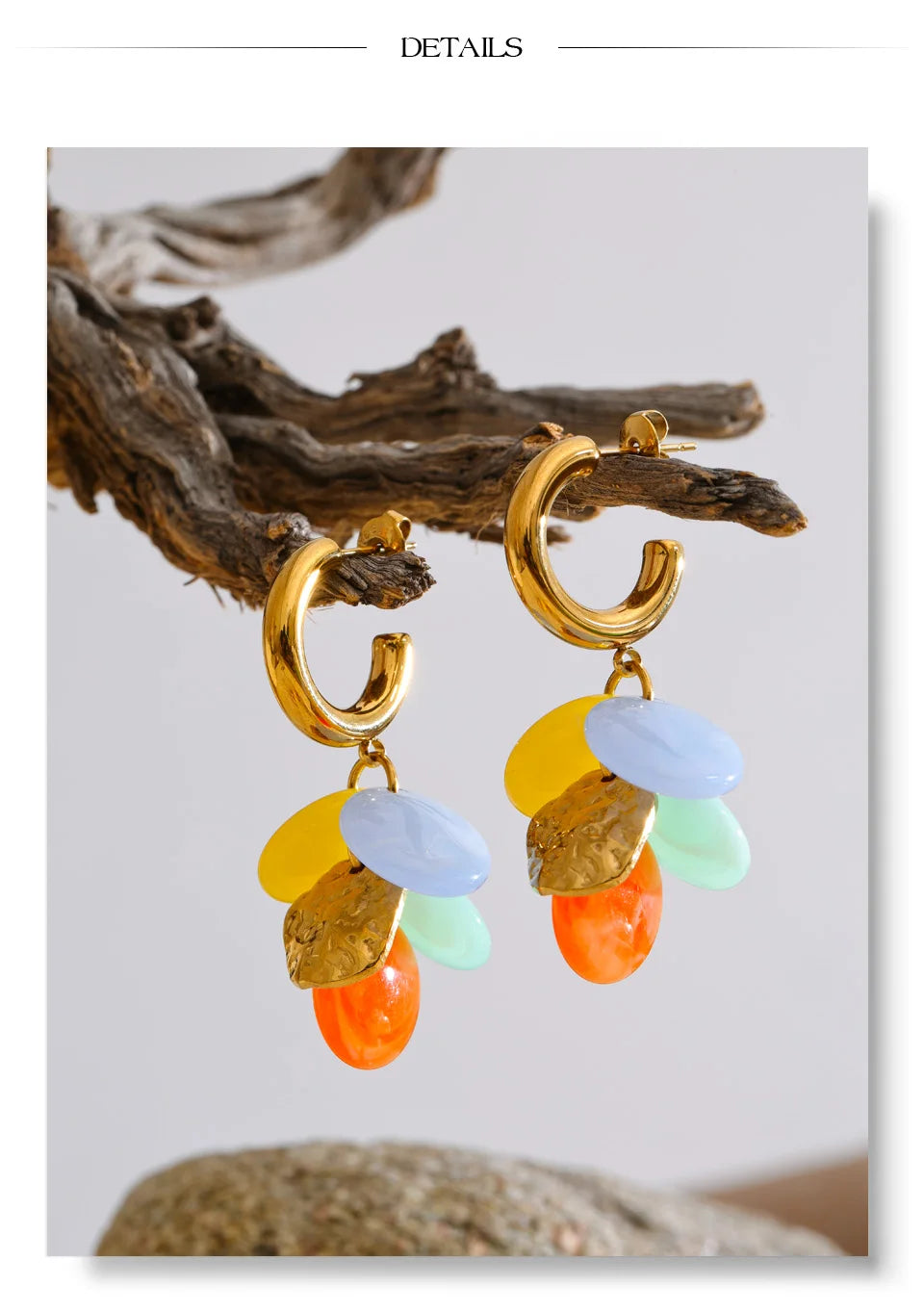 Resin acrylic multi-color earrings in gold-plated stainless steel with resin and acrylic.
