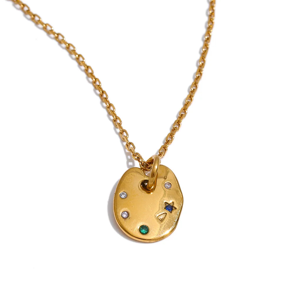 Cubic zirconia multi-color geometric necklace in gold-plated stainless steel with cubic zirconia.