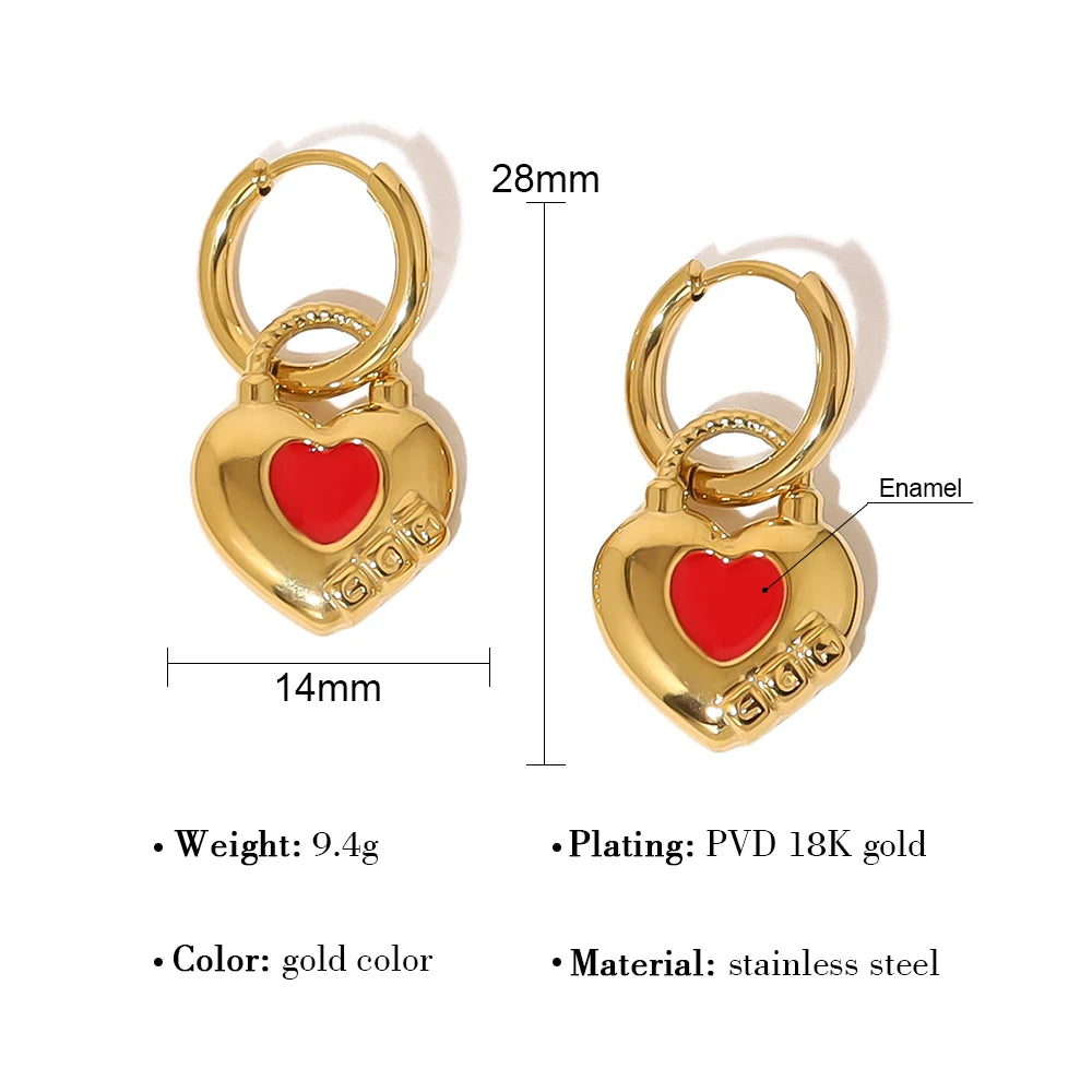 Hoop Earrings Red Enamel Heart — 316L Stainless Steel · PS384