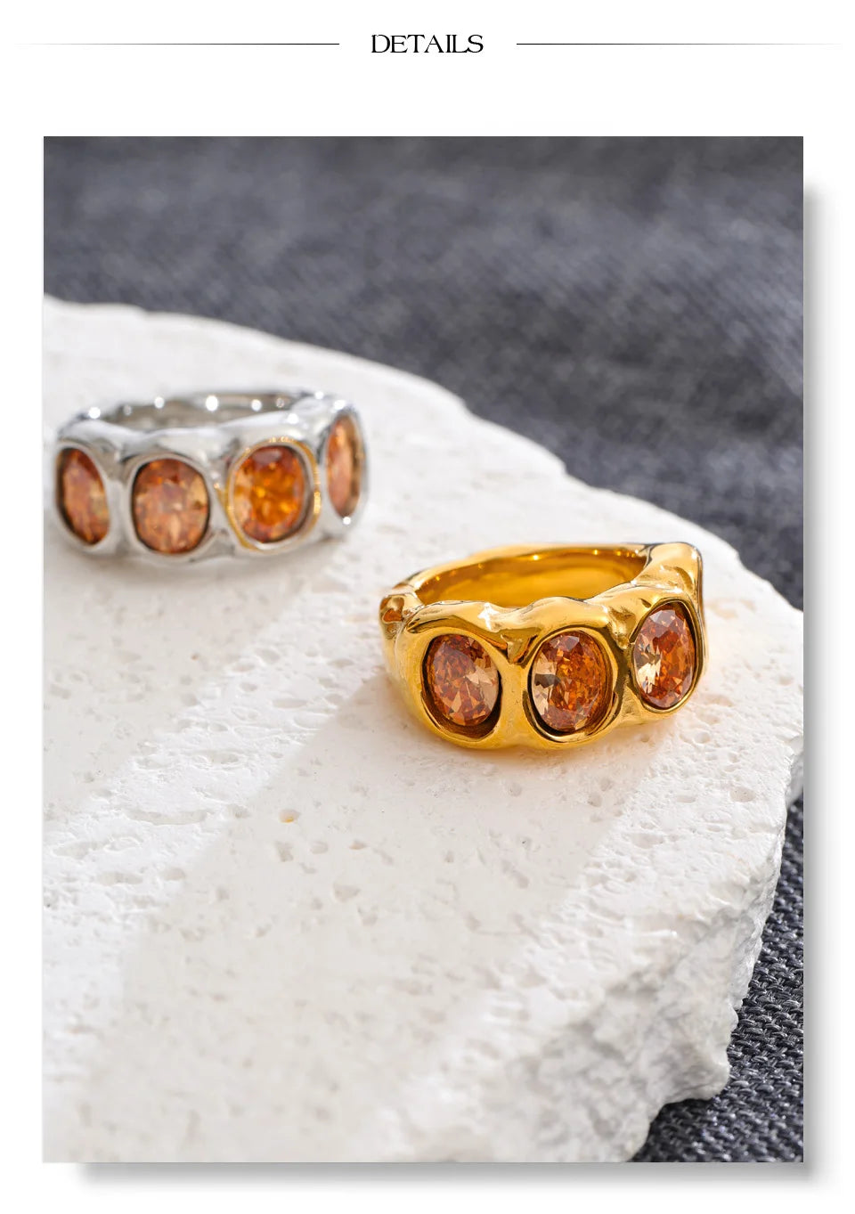 Cubic zirconia geometric ring in 18K gold-plated stainless steel with cubic zirconia.
