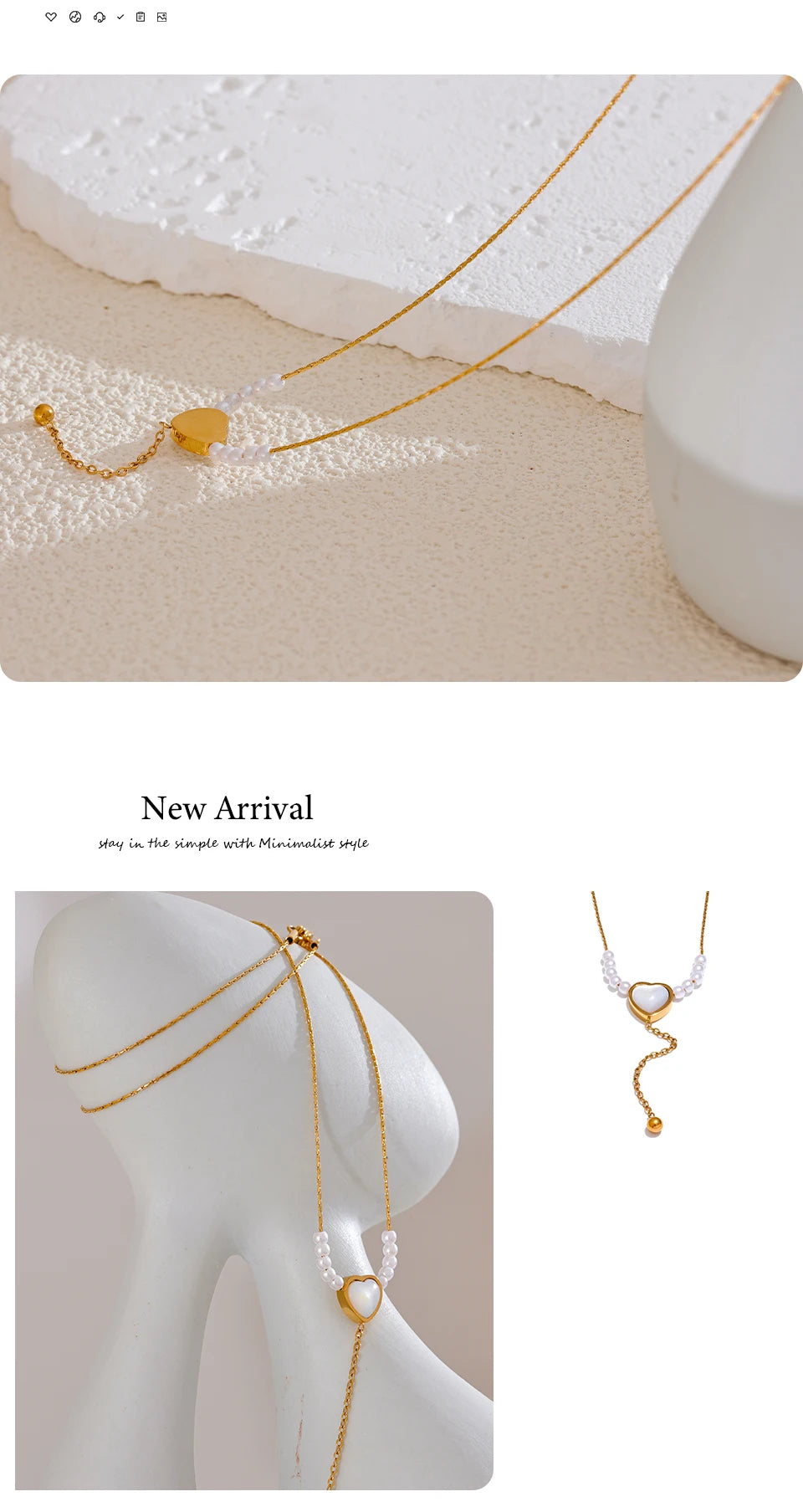 Pearl natural stone heart necklace in gold-plated stainless steel with pearl and natural stone.