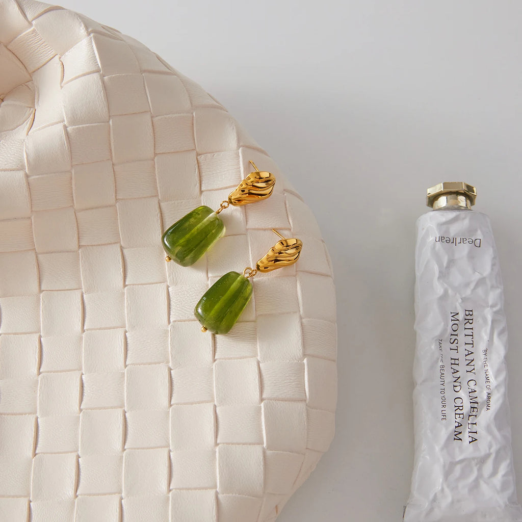 Green Stone Drop Earrings — Stainless Steel · PS097