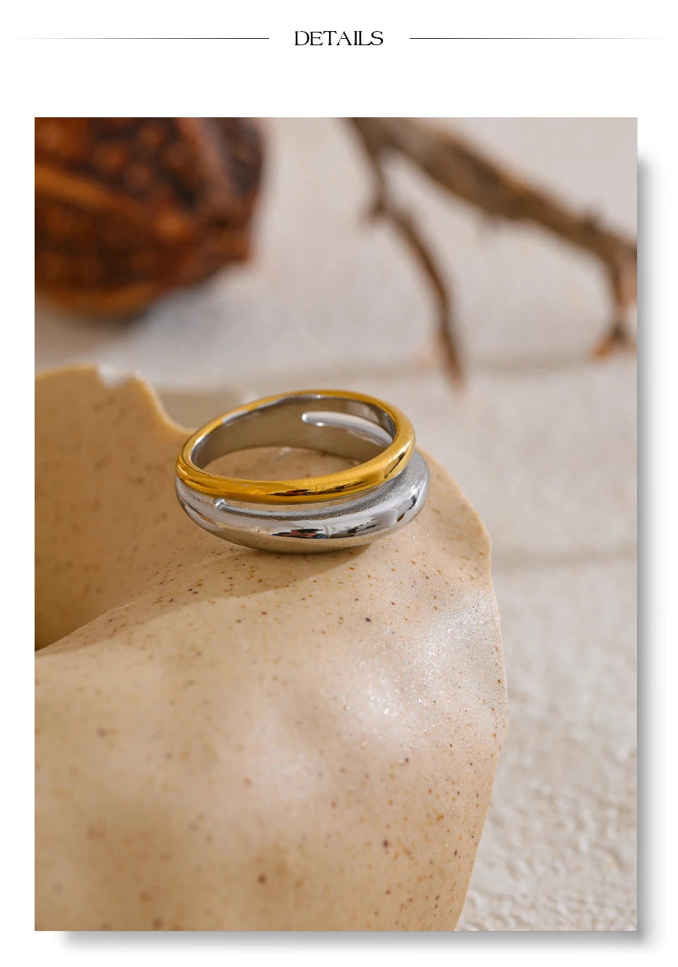 Geometric ring in 18K gold-plated stainless steel.