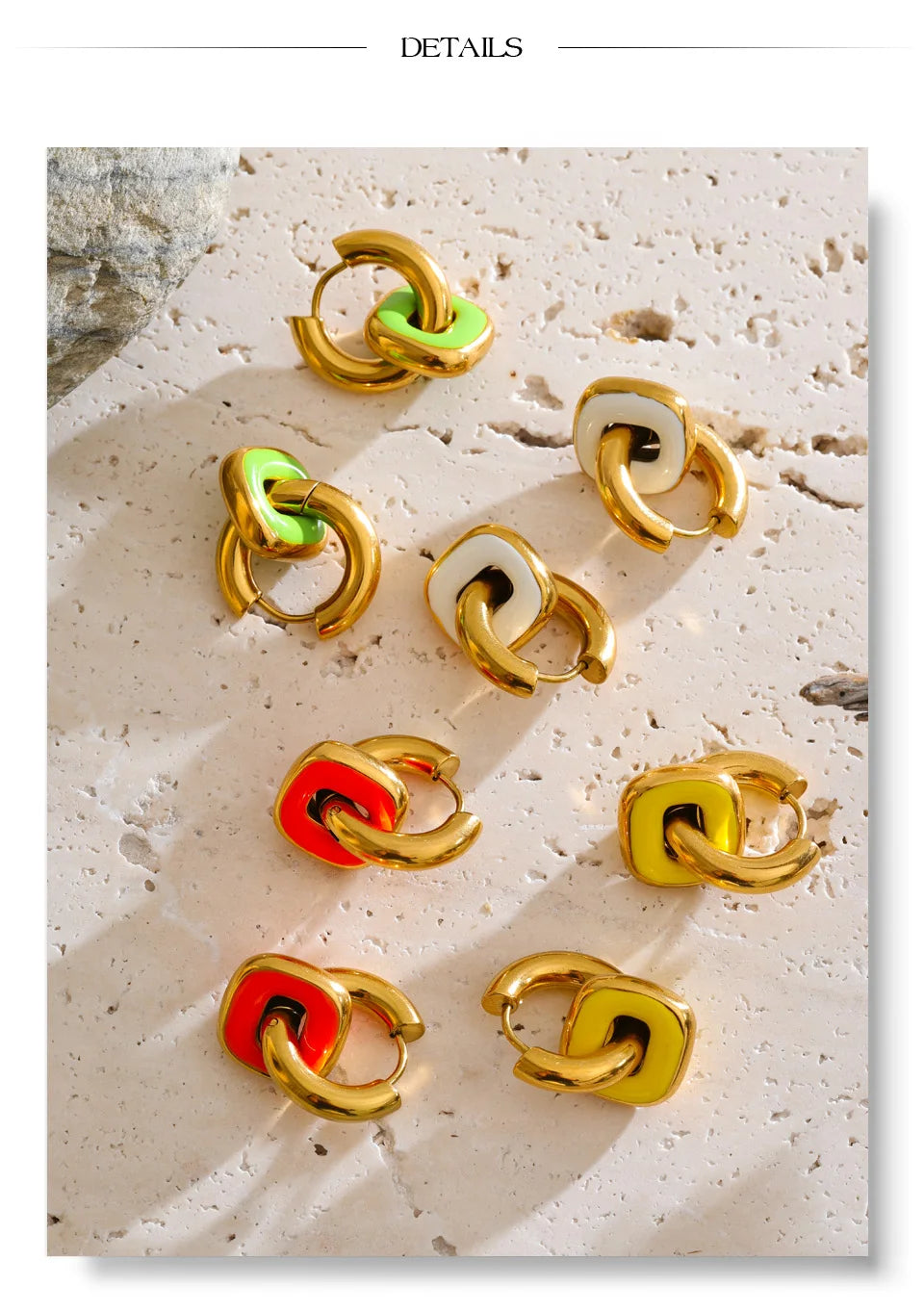 Enamel multi-color geometric earrings in gold-plated stainless steel with enamel.