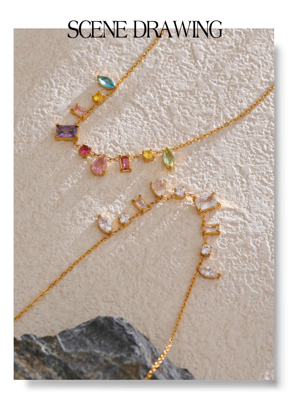White cubic zirconia multi-color necklace in gold-plated stainless steel with cubic zirconia.