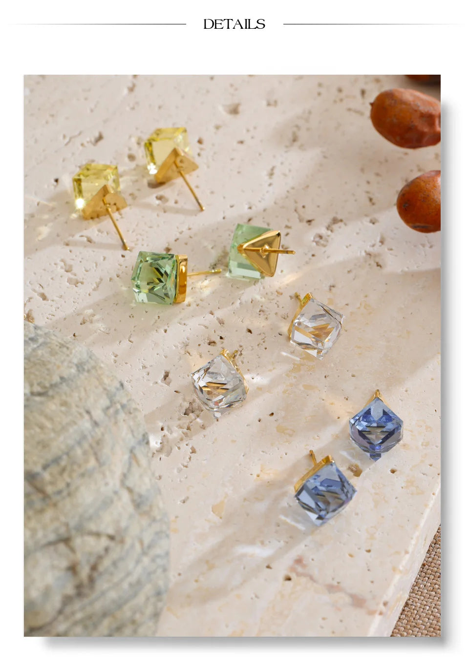 Crystal multi-color geometric earrings in gold-plated stainless steel with crystal.