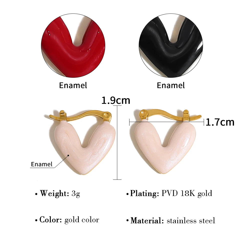 Hoop Earrings Heart Pink Black Red Enamel Vintage — 316L Stainless Steel · PS393