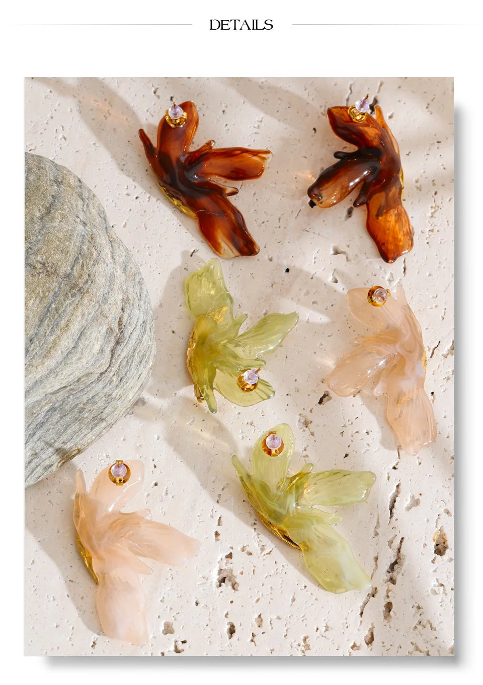 Green resin acrylic earrings in gold-plated stainless steel with resin and acrylic.