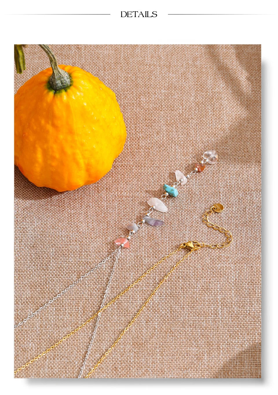 Resin natural stone multi-color necklace in gold-plated stainless steel with natural stone and resin.