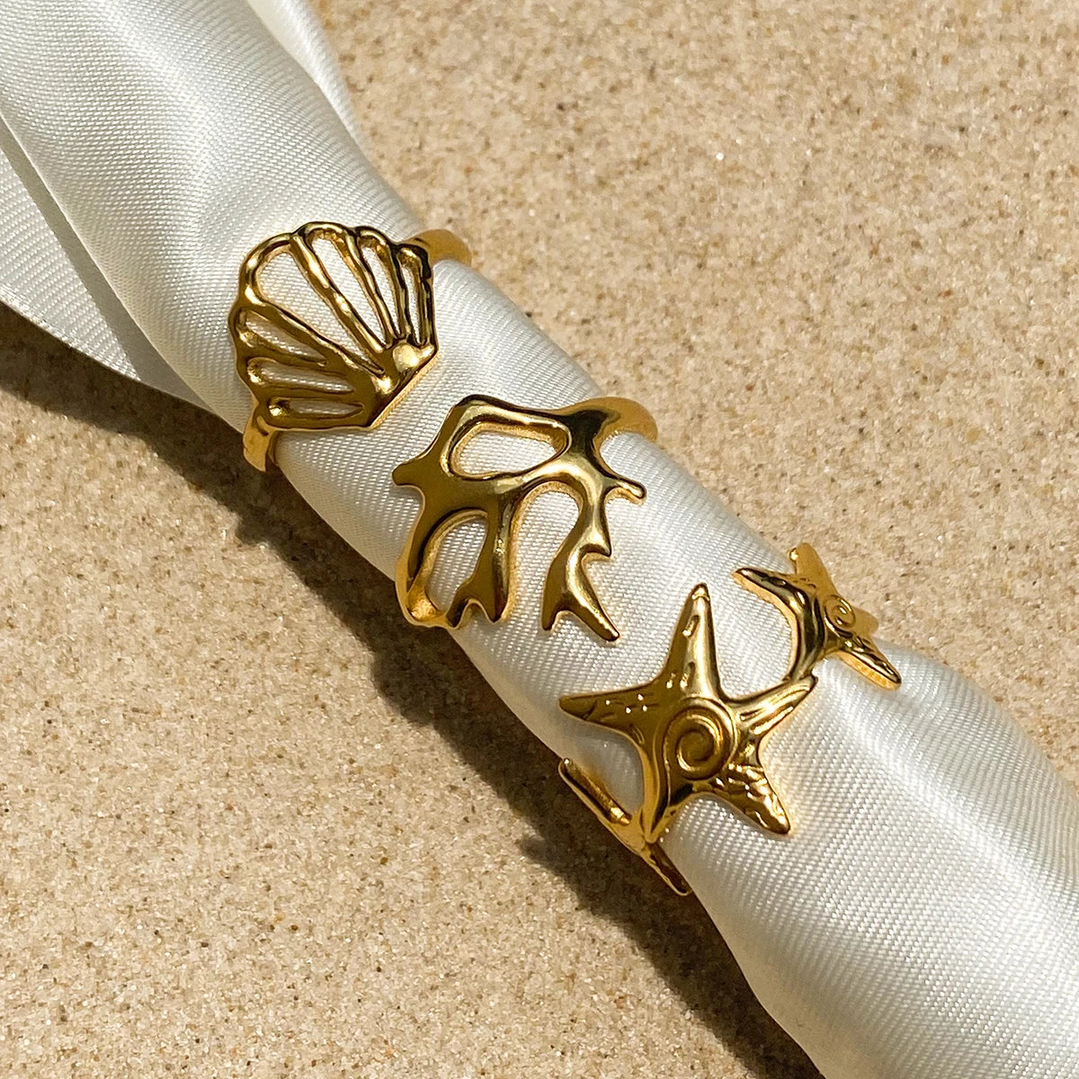 Ocean Shell Ring Stack — Stainless Steel · PS239