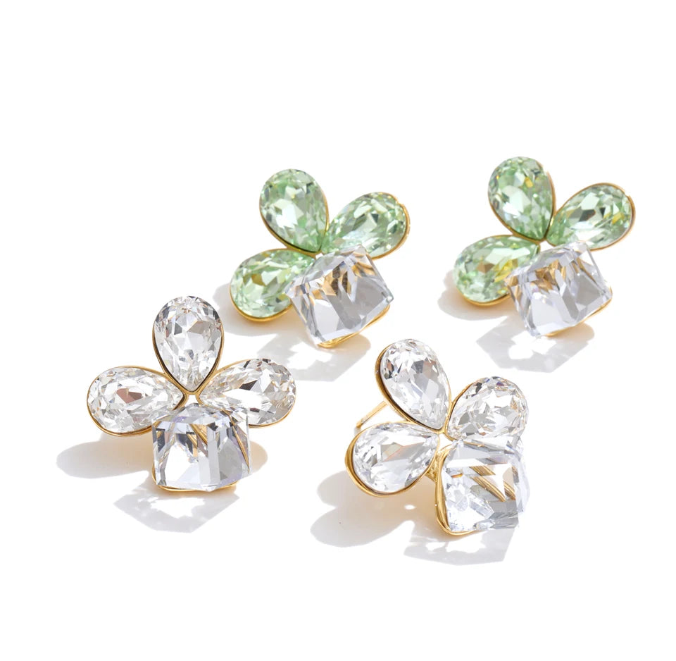 Crystal Flower Geometric Earrings — Gold-Plated Stainless Steel with Crystal · PS1534