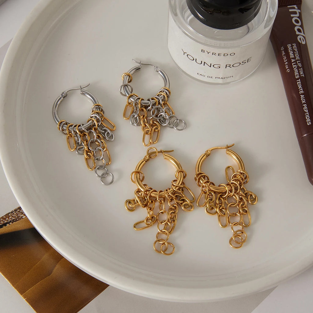 Chain Tassel Hoop Earrings — Stainless Steel · PS106