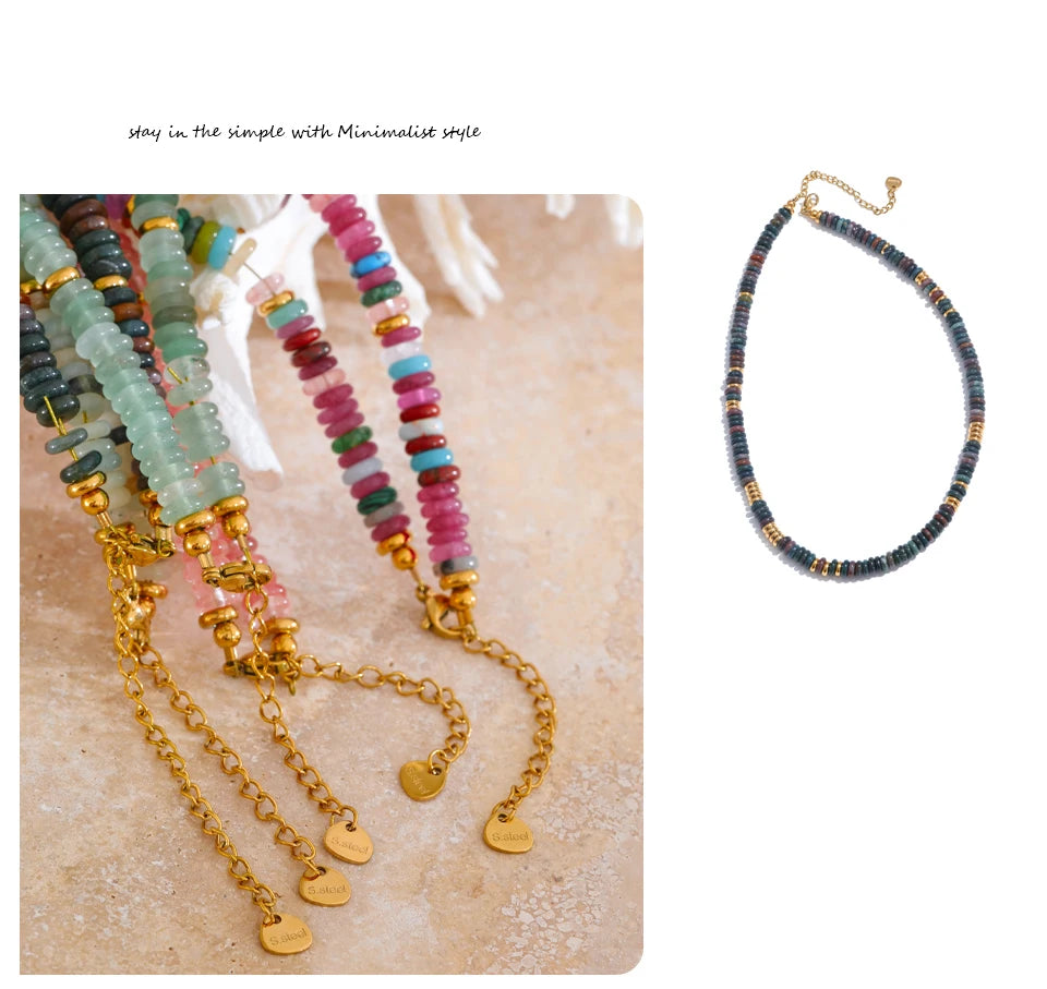 Natural stone beaded multi-color necklace in gold-plated stainless steel with natural stone.