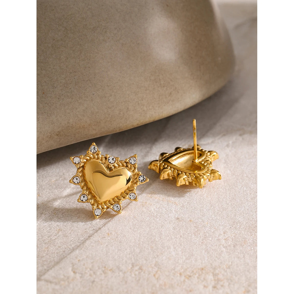 CZ Heart Stud Earrings — Stainless Steel · PS285