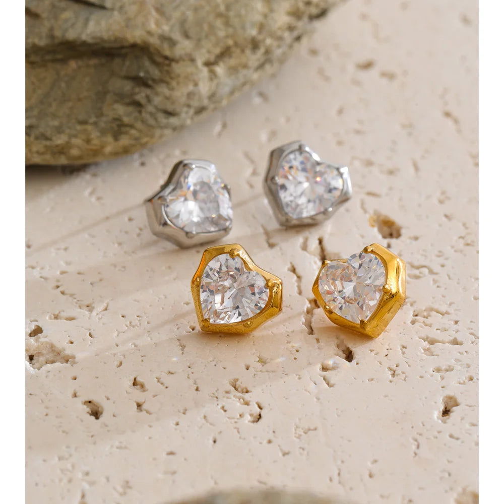 Cubic Zirconia Heart Earrings — Gold-Plated Stainless Steel with Cubic Zirconia · PS1479