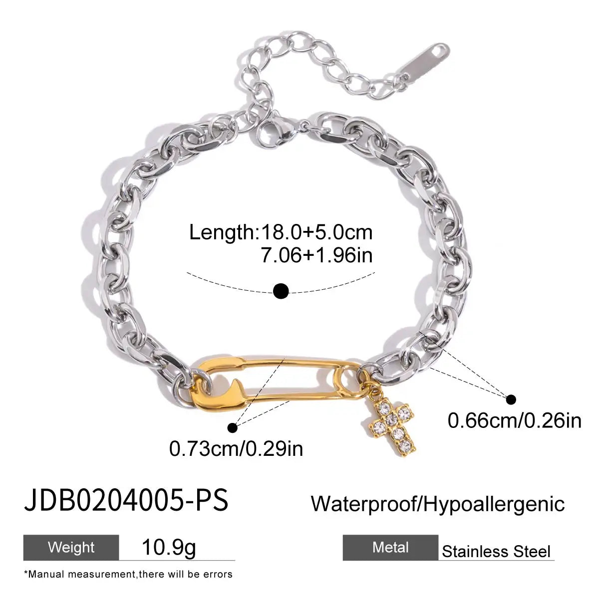 Crystal Cross Charm Bracelet — Stainless Steel · PS012