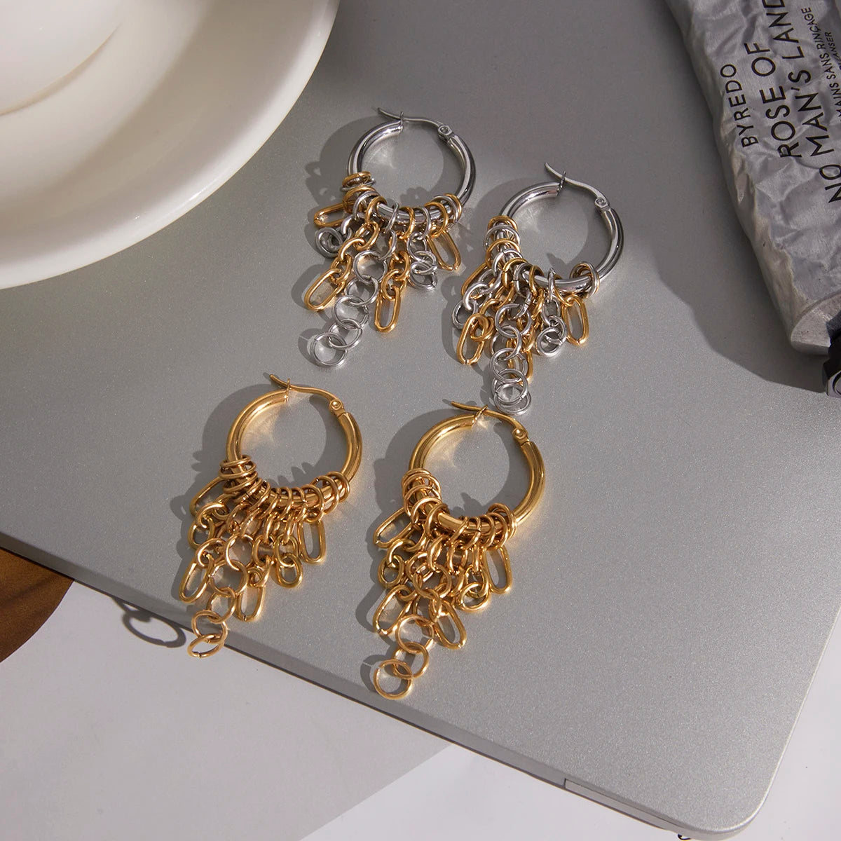 Chain Tassel Hoop Earrings — Stainless Steel · PS106