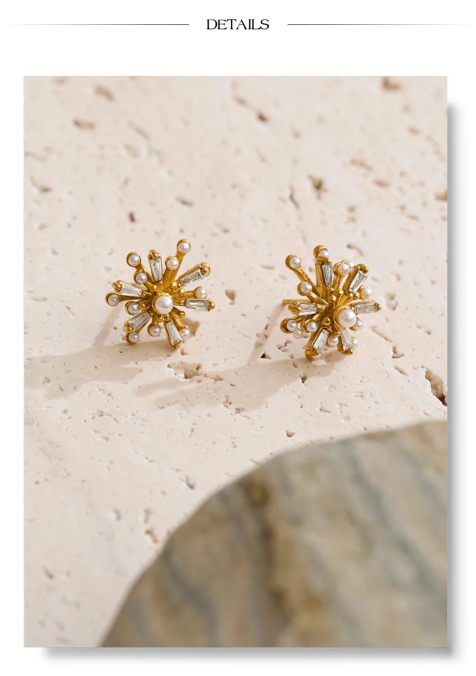 Cubic zirconia pearl flower earrings in gold-plated stainless steel with pearl and cubic zirconia.