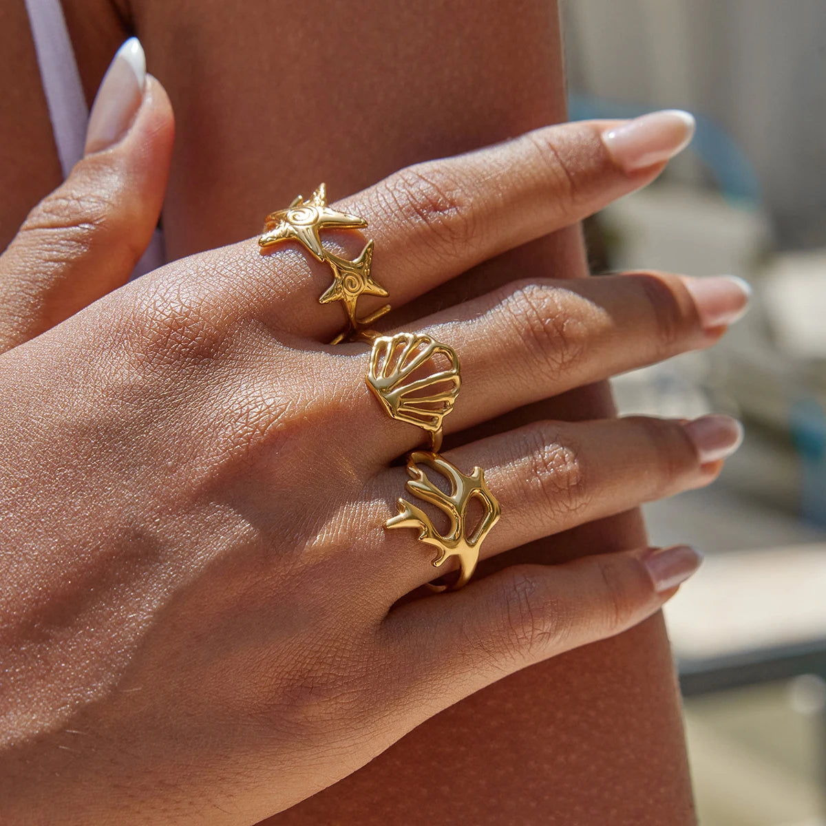Ocean Shell Ring Stack — Stainless Steel · PS239