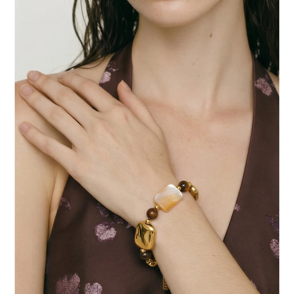 Shell Natural Stone Geometric Bracelet — Gold-Plated Stainless Steel with Natural Stone and Shell · PS1170