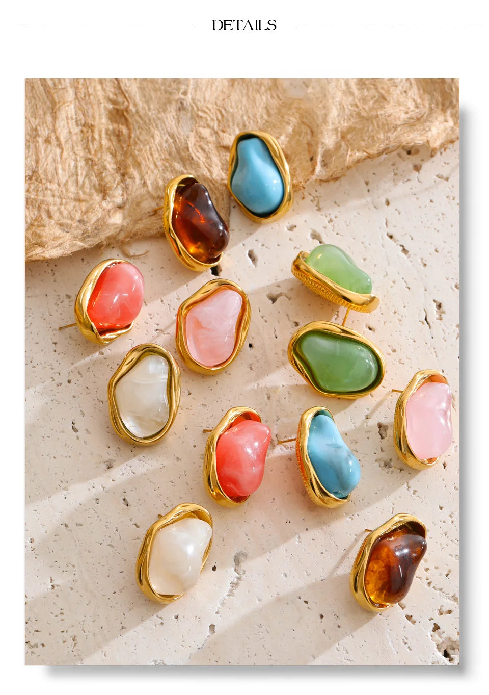 Resin acrylic geometric earrings in gold-plated stainless steel with resin and acrylic.