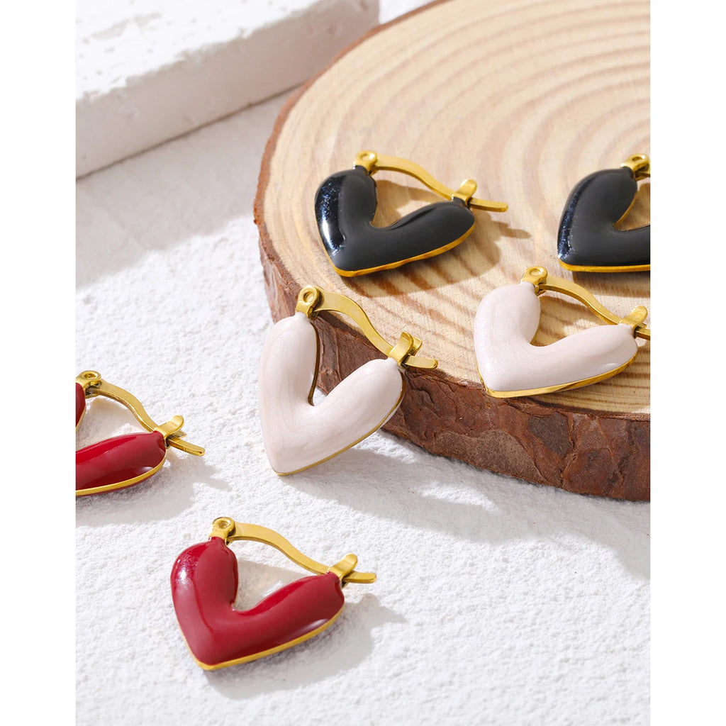 Hoop Earrings Heart Pink Black Red Enamel Vintage — 316L Stainless Steel · PS393