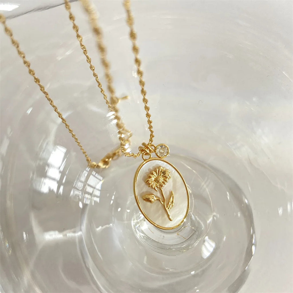 Birth Flower Shell Pendant Necklace — Stainless Steel · PS133