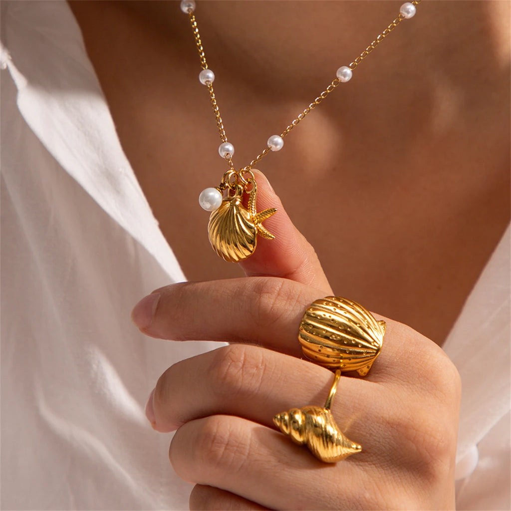 New French Ocean Series Pearl Accessories Fashion Versatile Starfish Shell Necklace Titanium Steel Color Preservation